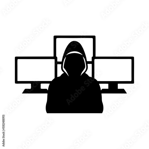 Hacker Silhouette in Hoodie with Monitors – Dark Tech PNG Transparent Background