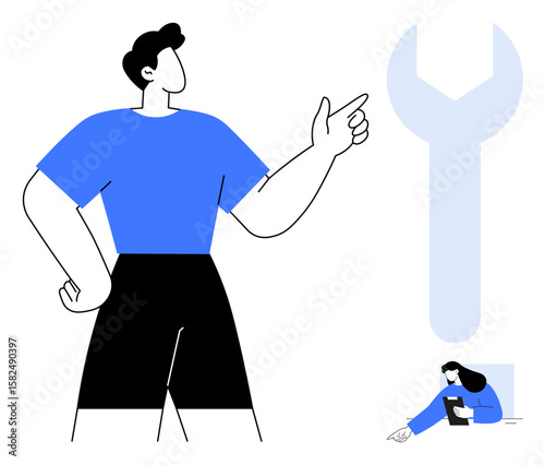 Person pointing as a guide with a giant wrench behind, symbolizing tools and solutions. Small counterpart working below. Ideal for teamwork, mentorship, guidance, problem-solving, solutions, tools