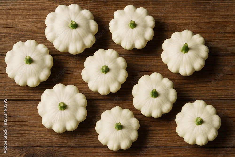 Naklejka premium Fresh white patissons with vibrant green stems resting on a rustic wooden surface