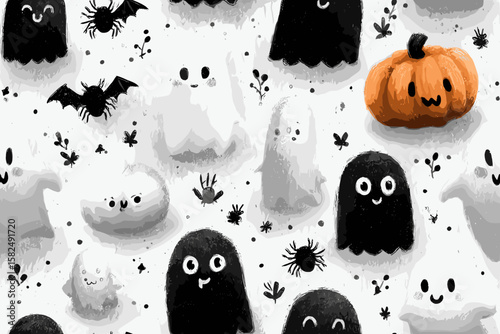 Seamless pattern of adorable hand-drawn ghosts and colorful rainbows, whimsical black ink line art with soft pastel accents 