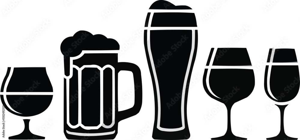 Collection of five black silhouette beverage glasses and mugs on white background Collection of five black silhouette beverage glasses and mugs on white background