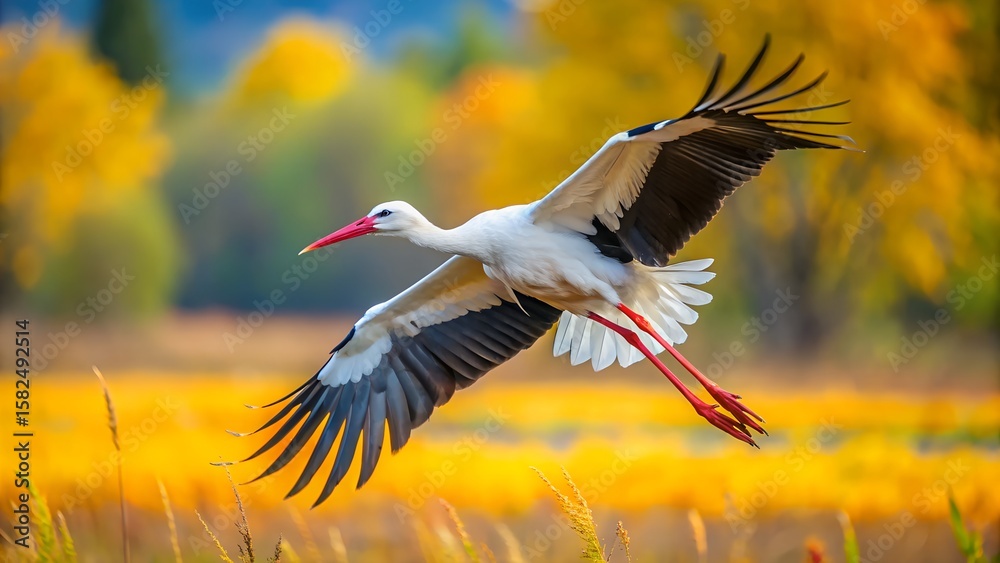 Naklejka premium White Stork Flying with Spread Wings and Colorful Blurred Background