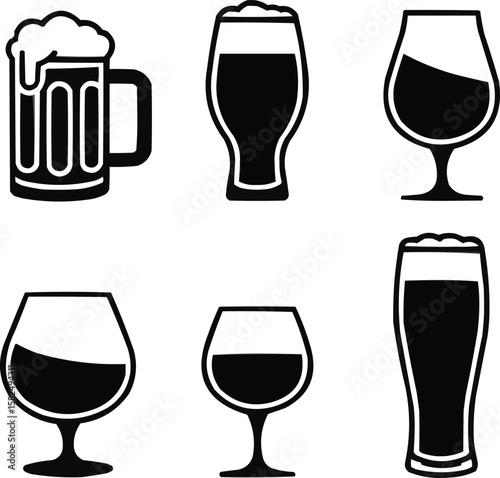 Collection of six different beer glasses and mugs filled with beer