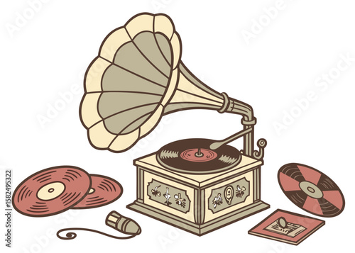 Retro Style Illustration of a Gramophone and Vinyl Record in Vintage Design

