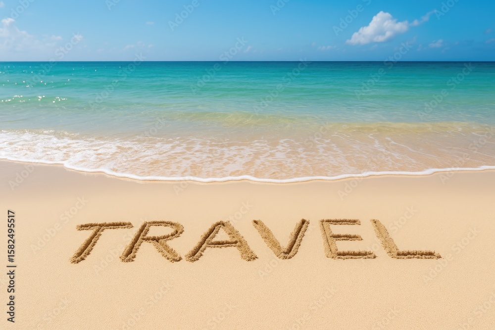 Fototapeta premium Message Inscribed on the Shoreline of a Sunny Beach