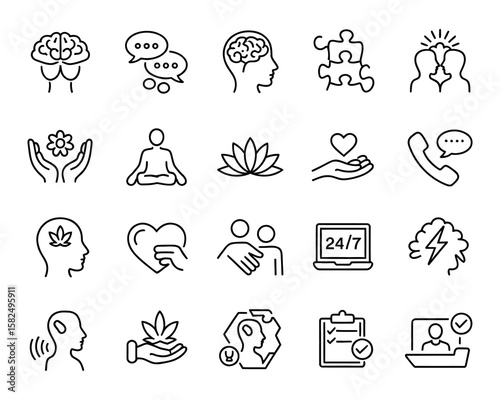 Mental Health & Therapy Vector Icon Set – Brain, Talk, Meditation, Support, Empathy, Checklist, Adjustable Stroke for Wellness Design