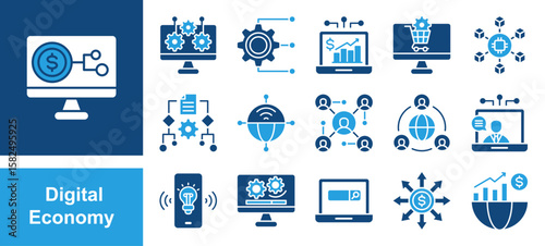 Digital Economy icon set with Platform, Technologies, Ecommerce, Blockchain, Internet, Innovation.