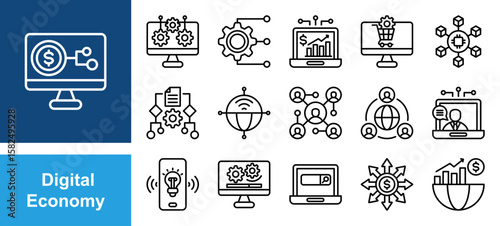 Digital Economy icon set with Platform, Technologies, Ecommerce, Blockchain, Internet, Innovation.