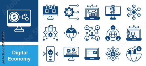 Digital Economy icon set with Platform, Technologies, Ecommerce, Blockchain, Internet, Innovation.