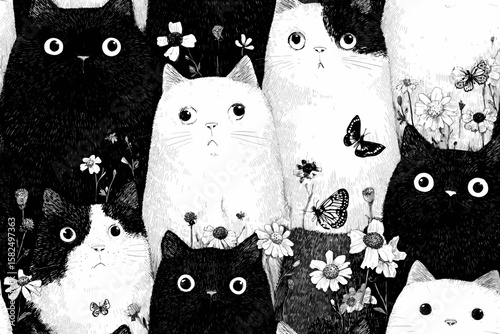 Seamless pattern of black and white cartoon cats with playful pets, plants, scratching posts, and balls, charming flat vector illustrations in clean minimalist style for stickers 