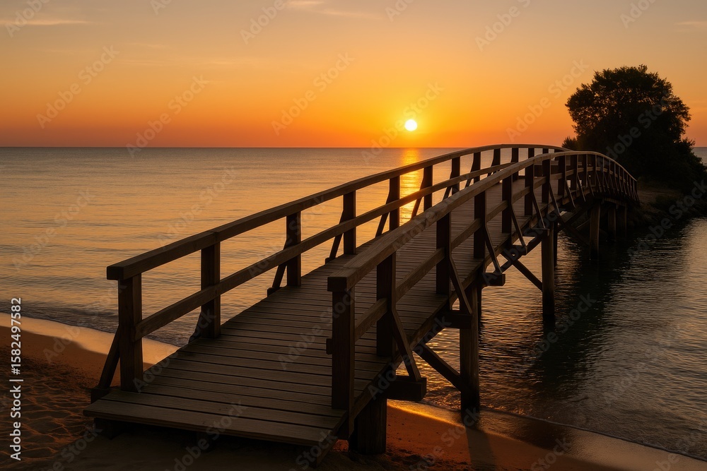 Obraz premium Secluded wooden bridge at dusk with sunset backdrop