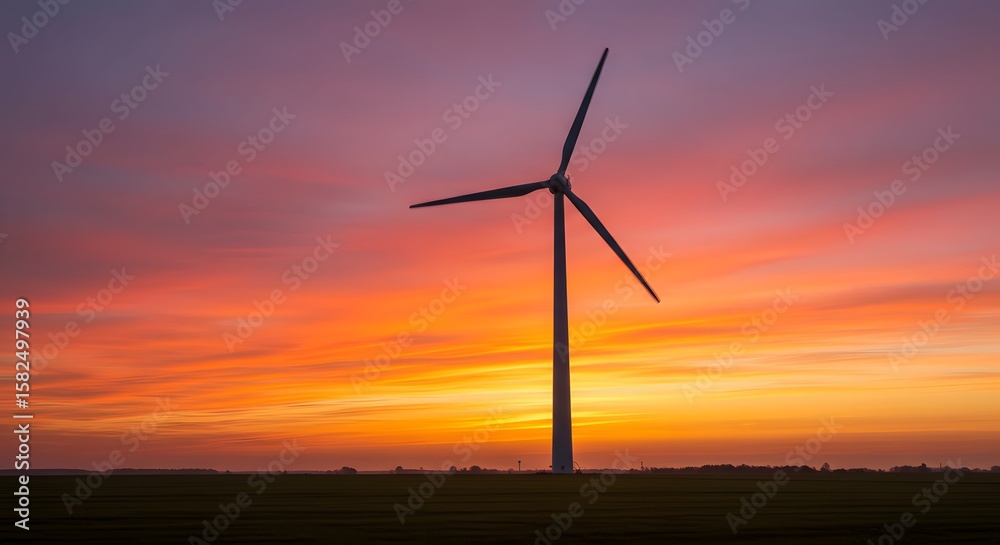Fototapeta premium Silhouetted wind turbine stands tall against a vibrant sunset, showcasing renewable energy.