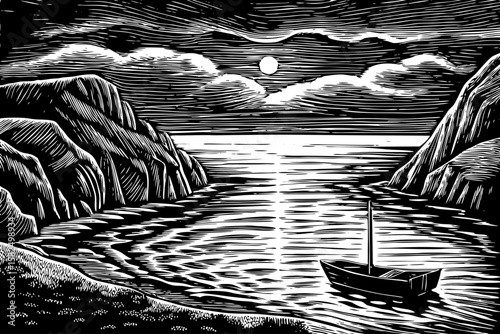 quiet coastal bay at night with moonlit waves, anchored boats, rocky cliffs and cloudy sky, portrayed in scenic black and white line art illustration