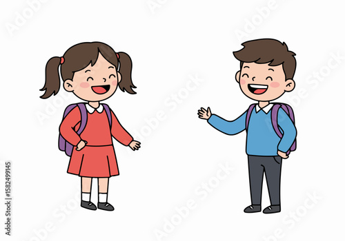 Happy Cartoon Boy and Girl Students with Backpacks Greeting Each Other
