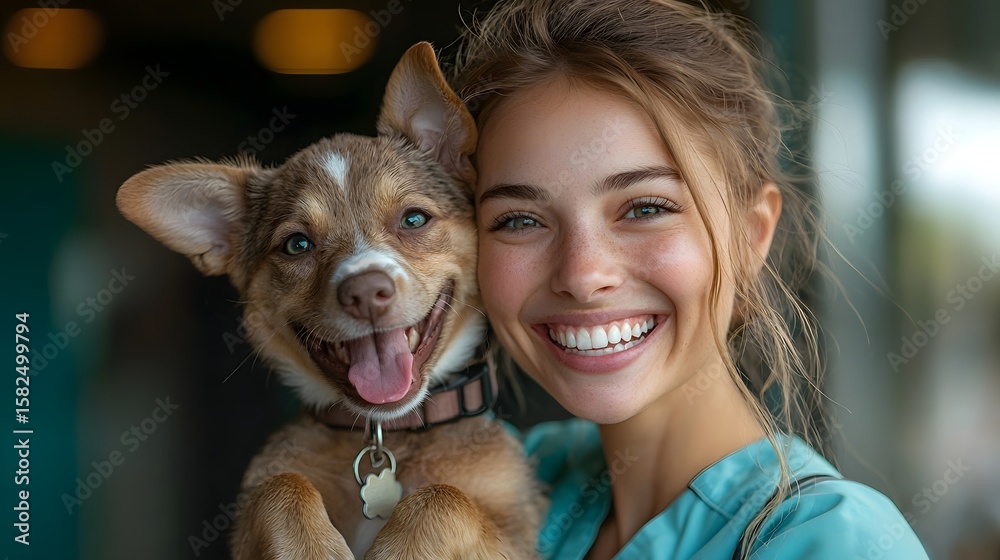 Obraz premium Joyful woman laughing with a playful dog