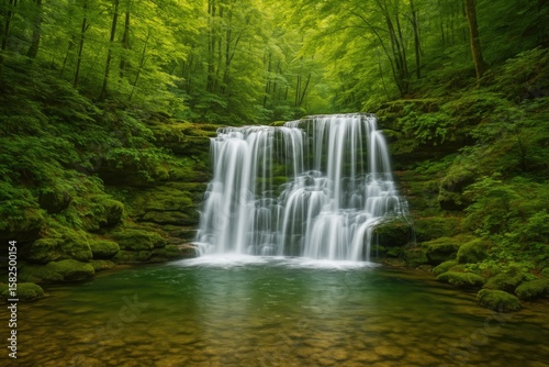 Majestic river cascade amid lush woods. Pure natural beauty.