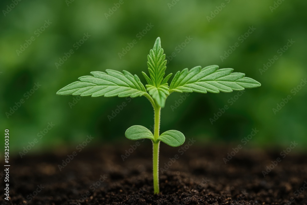 Fototapeta premium Observe the initial development of a young cannabis seedling in this captivating photo
