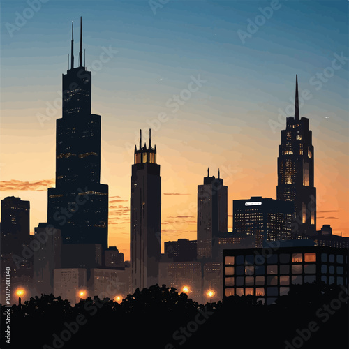 Chicago and New York City skylines at sunset, a striking urban silhouette with towering skyscrapers and architectural marvels