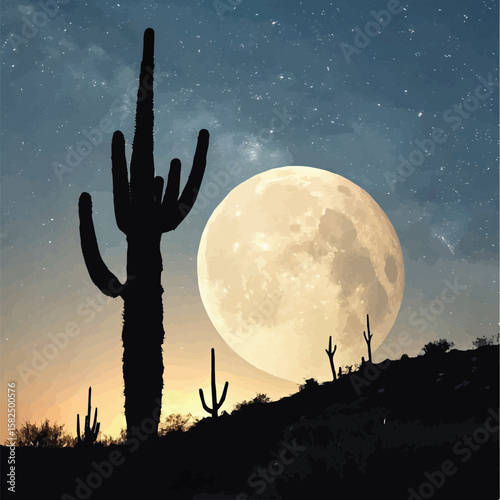 A striking desert night landscape with a solitary cactus silhouetted against a vast, dark sky illuminated by the moon and stars