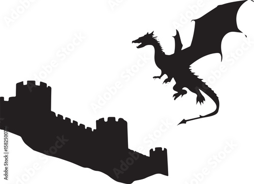 Vector illustration of a black cartoon dragon silhouette flying on a fantasy roof, perfect for a Halloween design icon