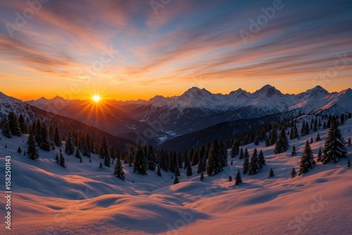 Fototapeta Naklejka Na Ścianę i Meble -  Mountain sunset during winter evening