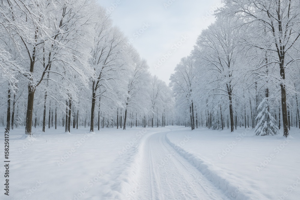 Snow-covered park scene during winter season Snow-covered park scene during winter season