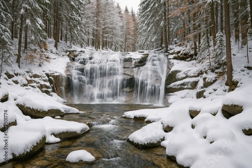 Frozen Cascade in Snow-Covered Forest During Cold Season