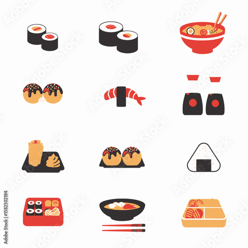 A collection of illustrated Japanese food icons, including sushi, ramen, takoyaki, and onigiri.