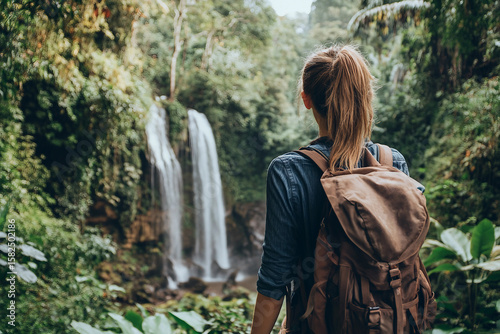 A traveler with a backpack explore nature generative AI