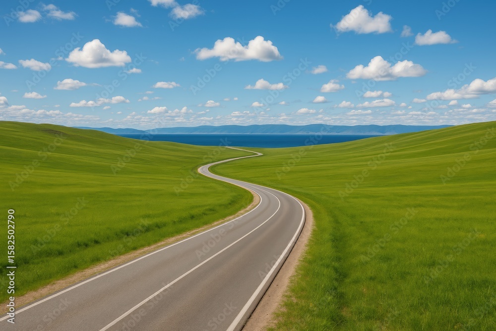 Fototapeta premium A scenic route winding through lush fields with a serene lake backdrop