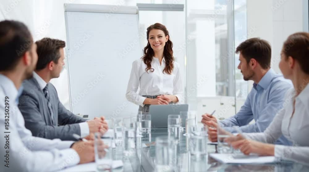 Confident businesswoman in a white shirt leading a team meeting in a modern office Confident businesswoman in a white shirt leading a team meeting in a modern office