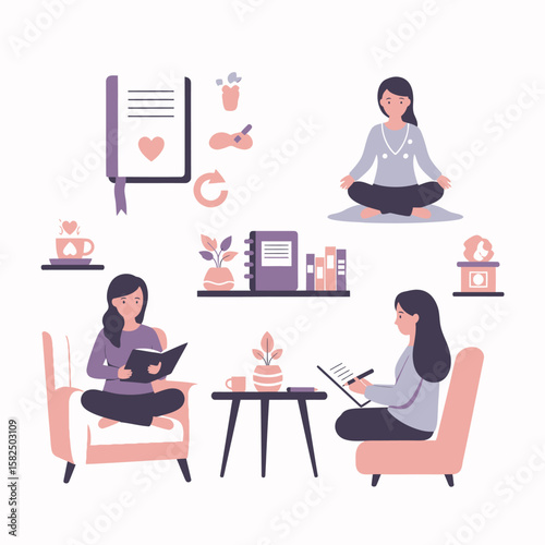 Illustration depicting various scenes of relaxation, mindfulness, and self-care activities.