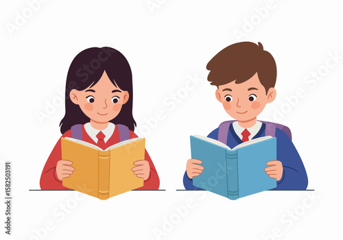 Happy young school children smiling while reading books. Students enjoying learning and gaining knowledge. Education concept illustration.