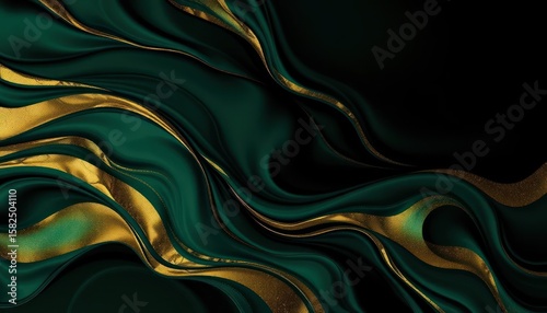 Elegant emerald green and gold abstract background with flowing fabric design