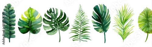 Watercolor painting of eight vibrant green tropical leaves, showcasing diverse textures and shapes, isolated on a white background