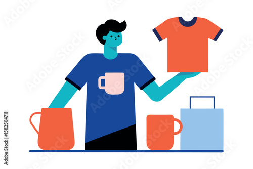 Man holding a tshirt and mugs with shopping bag
