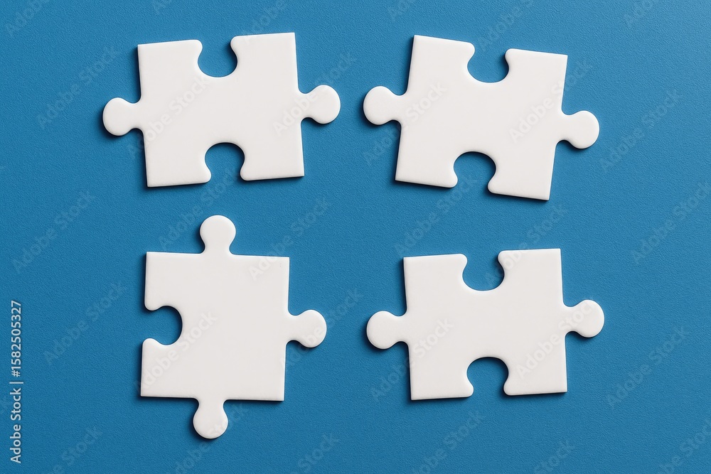Disassembled white puzzle pieces on a blue surface Disassembled white puzzle pieces on a blue surface