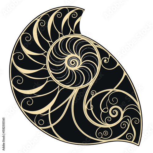 Elegant black and gold nautilus shell vector illustration with swirling ornament details