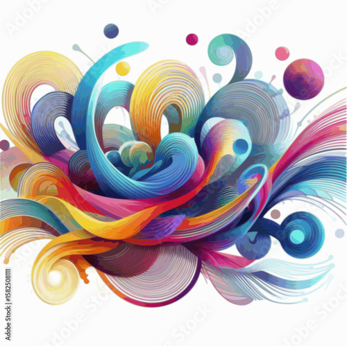 Flat vector design with vibrant wavy lines and curls in rainbow gradient, overlapping and free-form layout.

