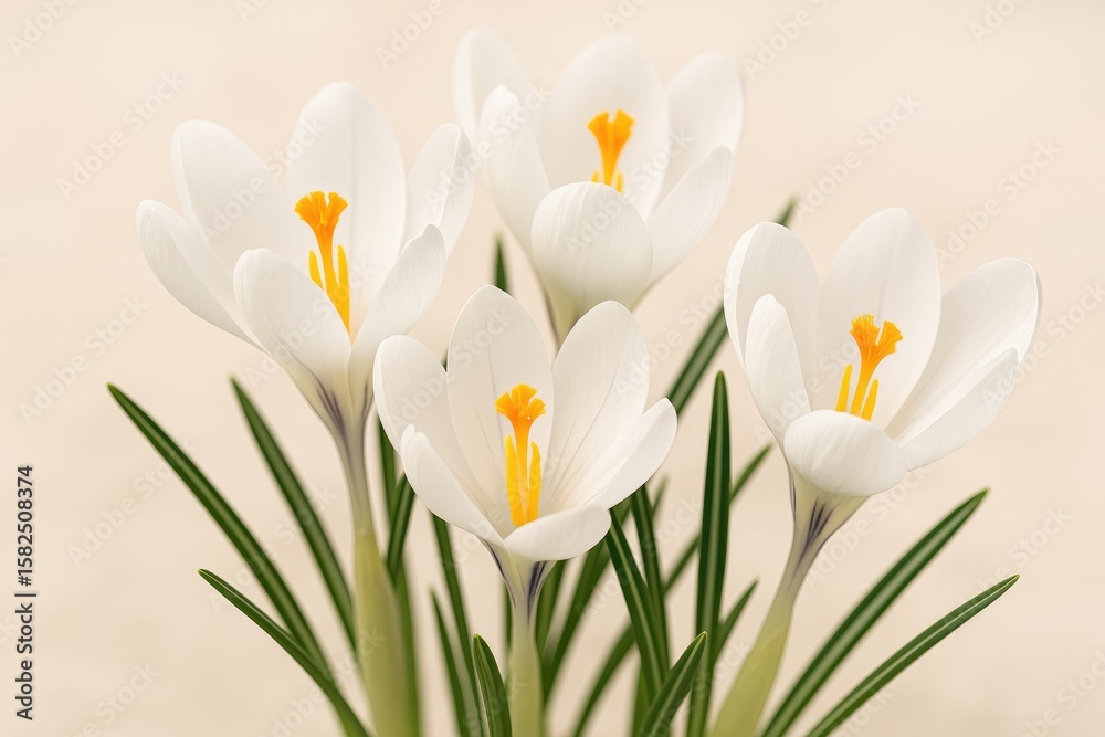 Fototapeta premium Close-up of white crocus blossoms heralding early spring