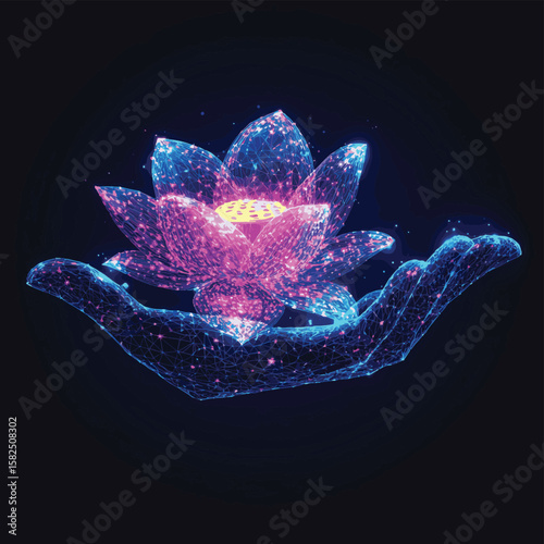 Futuristic alternative, holistic therapy concept with glowing low polygonal human hand and lotus flower, vector style simple color