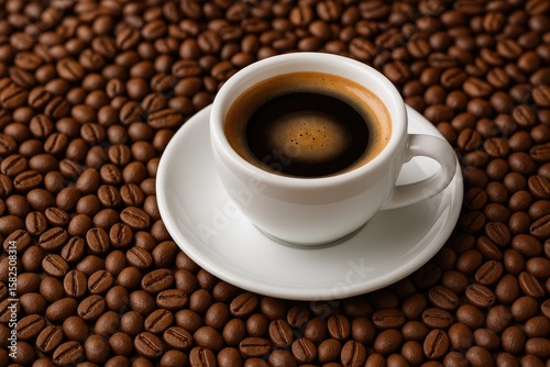 Steaming mug of dark espresso surrounded by coffee beans