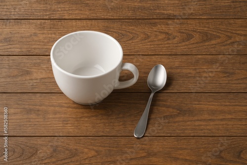 Ceramic mug with a spoon resting on a wooden surface