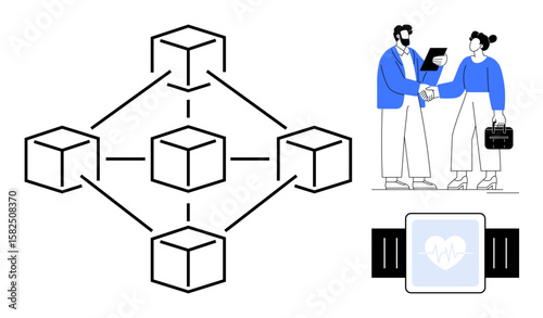 Blockchain network diagram connected with two professionals shaking hands and a smartwatch with a heart icon. Ideal for collaboration, technology, innovation, blockchain, healthcare, partnerships