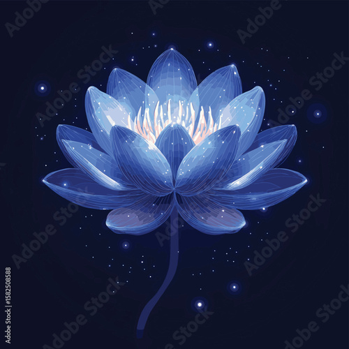 Beautiful glowing low polygonal floating waterlily, lotus flower with stars on dark blue background