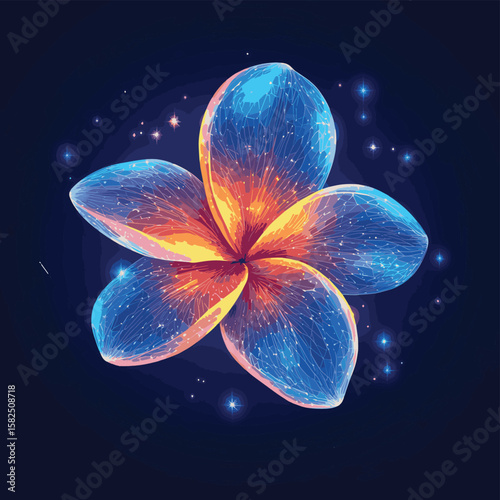 Beautiful magical glowing low polygonal plumeria flower surrounded by stars isolated on dark blue