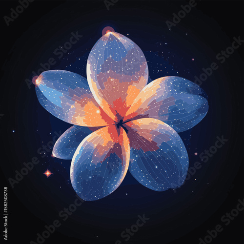 Beautiful magical glowing low polygonal plumeria flower surrounded by stars isolated on dark blue