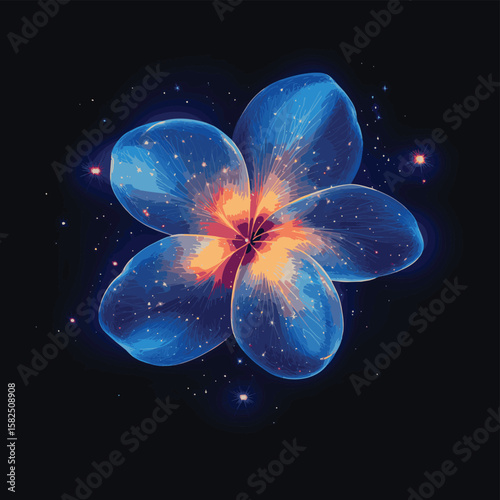 Beautiful magical glowing low polygonal plumeria flower surrounded by stars isolated on dark blue