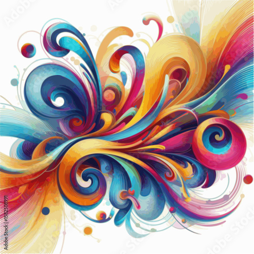 Flat vector design with vibrant wavy lines and curls in rainbow gradient, overlapping and free-form layout.

