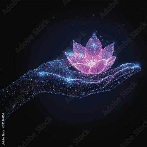 Futuristic alternative, holistic therapy concept with glowing low polygonal human hand and lotus flower, vector style simple color